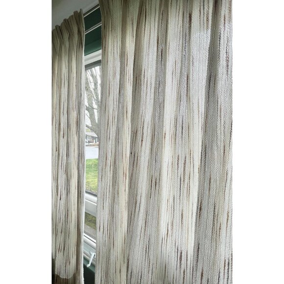 Vintage 1970s pleated curtains, beige & tan vertical stripes, pair of panels - Picture 3 of 10